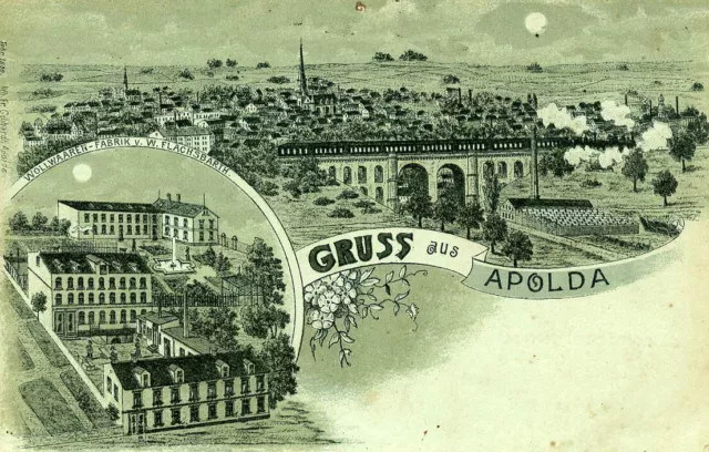 AK , Apolda, Gruß aus..., Mondscheinlitho, mit Wollwarenfabrik, gelaufen 1900