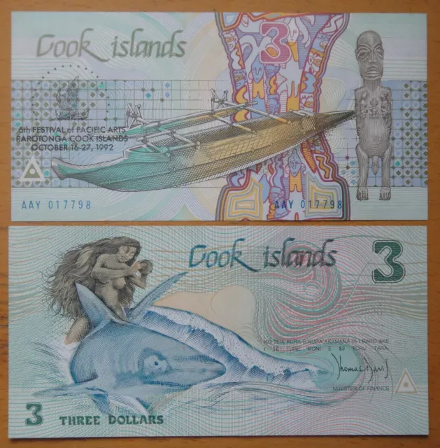 Cook Islands Commemorative Paper Money 3 Dollars 1992 UNC