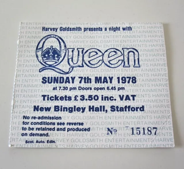 Queen 1978 New Bingley Hall Stafford UK Tour Concert Ticket Stub 7th May 1978