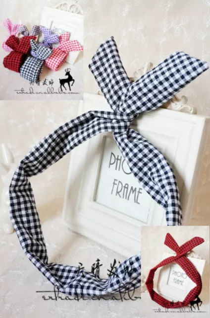 Women Girls Kids Check Wire Bunny Ear adjustable bow scarf Hair head band Wrap