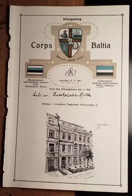 Corps Baltia Königsberg - Wappen Zirkel Haus - um 1910 - Tafel / Studentika