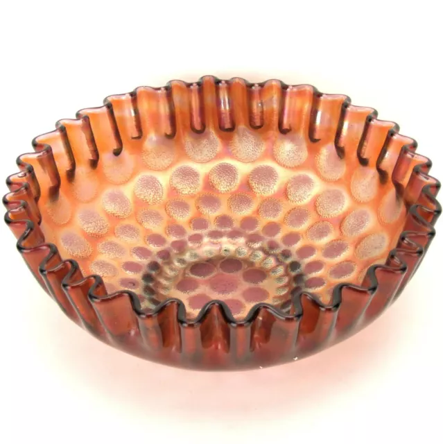 Fenton Art Glass Carnival Amethyst Marigold Coin Dot Crimped Round Bowl