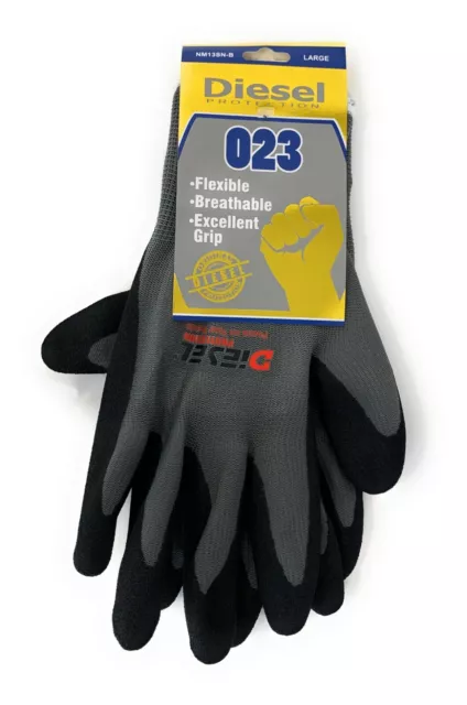 12 Pair Diesel Grey/Black Safety Gloves Latex Fine Grip Cut Resistant