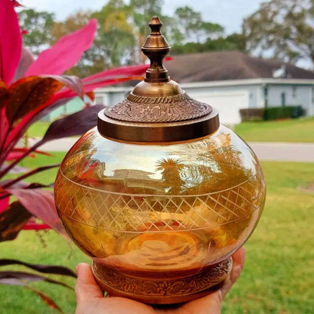 Glass Jar w/ Elegant Gold Tone Finish & Ornate Metal Lid & Small Pedestal 2006