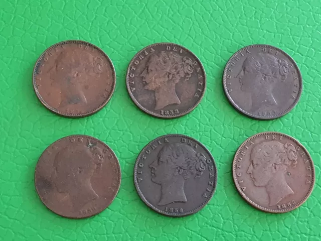 6 X Farthings 1838/53/54 Copper Farthing - Queen Victoria First Young Bun Head -