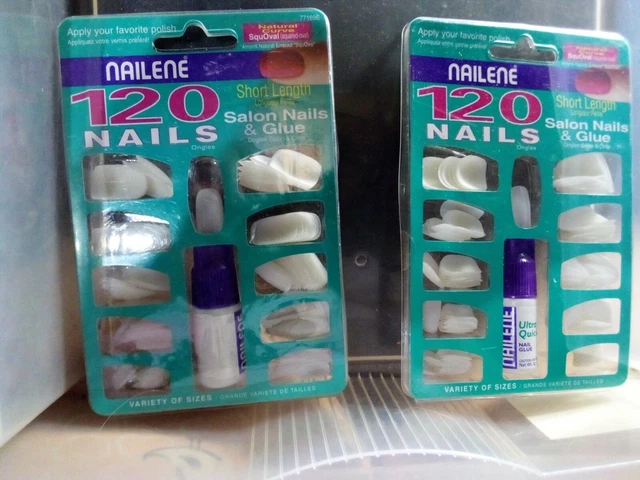 Nailene- 2 Packs Unpainted SHORT Length Nails / 120 Assorted Sizes-Glue Included
