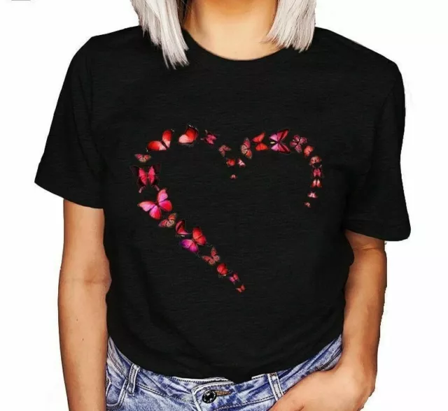 Donna Farfalla Love Cuore Nero T Shirt Ragazza Moda Bianco Vestiti Grafico Top