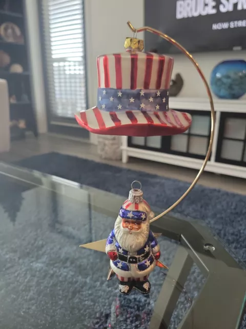 Patriotic Uncle Sam Hat & Santa Glass Christmas Tree Ornament red white blue