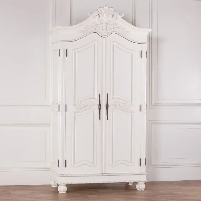 French Style Mahogany Wooden Carved Chateau White Double Door Armoire Wardrobe