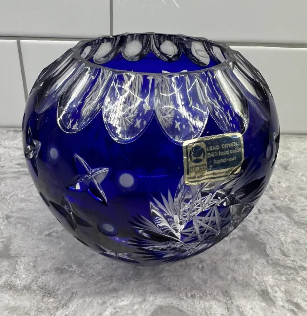 Lausitzer Glas Bleikristall GDR Cobalt Blue Cut to Clear 24% Lead Crystal Bowl