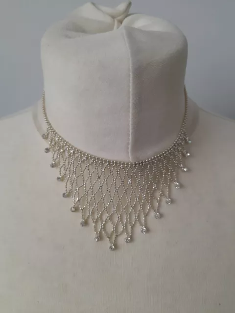 Costume Jewellery Statement Necklace Silver Tone Clear rhinestone Beaded collar