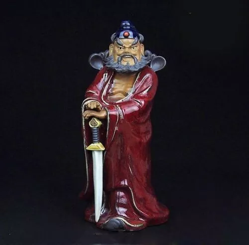 11" China Feng Shui Pottery Wucai Porcelain Zhongkui God Hold Sword Bixie Statue