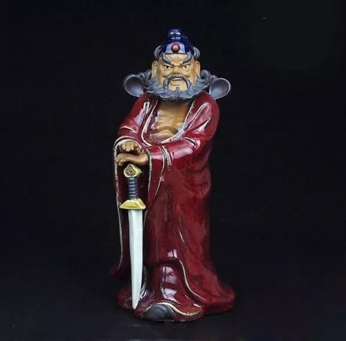 11" Folk Feng Shui Pottery Wucai Porcelain Zhongkui God Hold Sword Bixie Statue