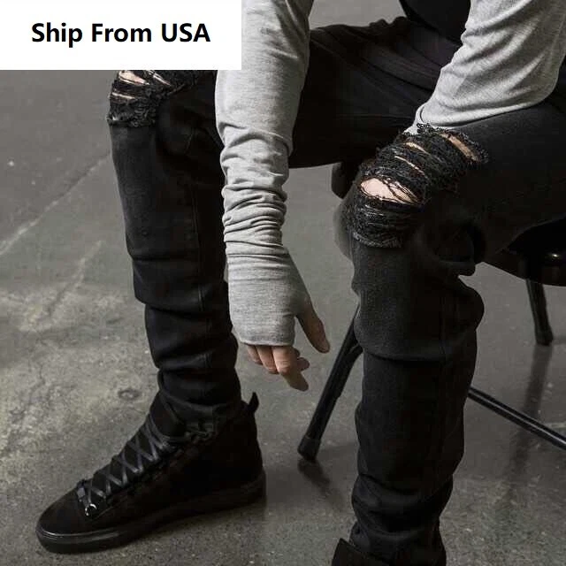 Men Elastic Jeans Classic Ripped Skinny Denim Casual Slim Fit Pant Plus Included