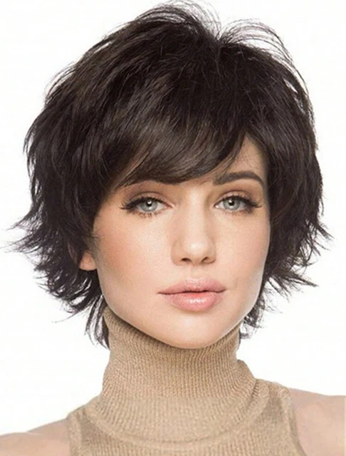 Perruque Synthétique Femme Brune Foncée Courte Style Pixie Avec Frange - Neuf Sans étiquettes