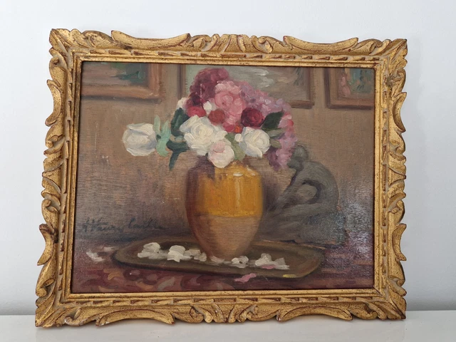Huile sur panneau Nature morte aux fleurs signé encadré cadre doré bois
