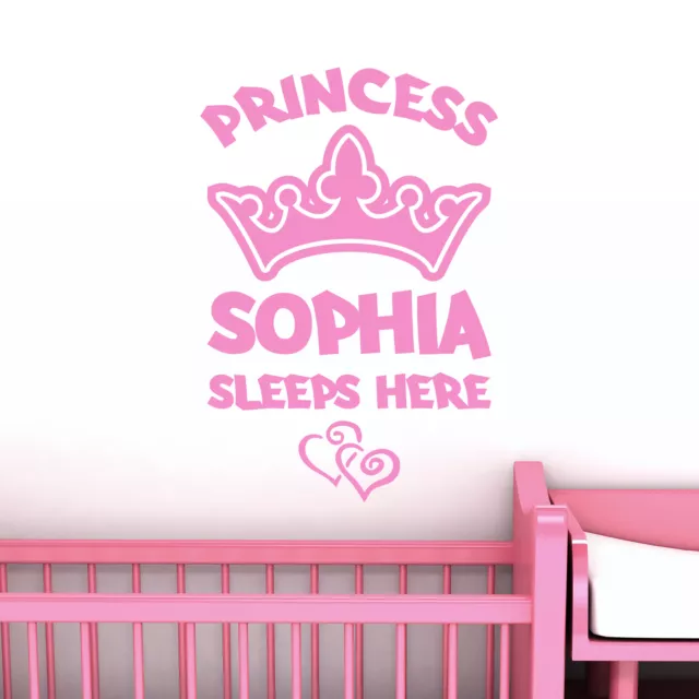 Personalised Princess Custom Name Wall Sticker With Crown and Hearts For Nursery