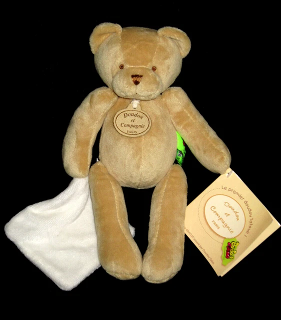 Doudou & Compagnie Peluche Ours marron beige et mouchoir carré blanc Tatoo 27 cm