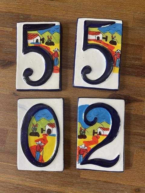Four Mexican Talavera Desert House Address Number Hand Painted Clay Ceramic Tile