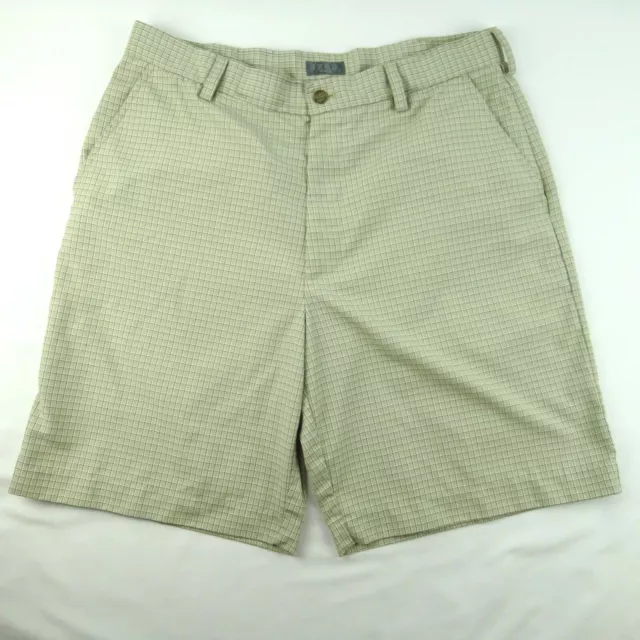 IZOD Mens Shorts Size 34 Flat Front Tan Plaid Wrinkle-Free Golf Wicking