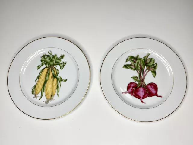 2pc FITZ & FLOYD Corn on the cob & Radish Gold Rim VEGETABLE 9” DINNER PLATES