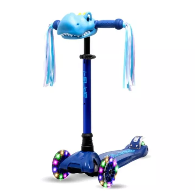 I-GLIDE 3 Wheel Kids V3 Kick Scooter Blue/Blue Dinosaur Head and Ribbons