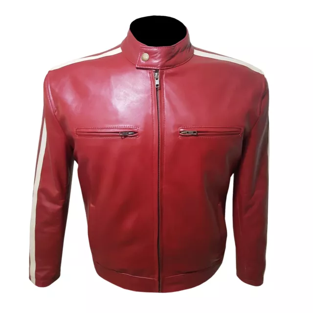 1092 Red Coat Fashion, Casual Leather With White Stripes Biker Style Jacket
