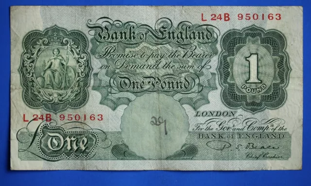 1950 Bank of England One pound £1, Beale Prefix "L24B" banknote  [24718]