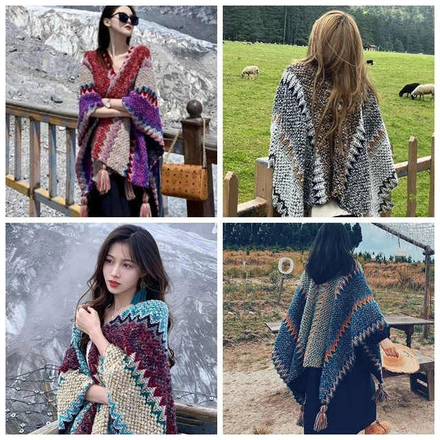 Poncho Pull Long Chaud FEMME CHAUD ETHNIQUE Tricot Châle