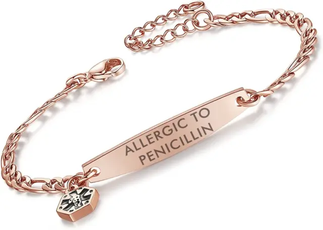 Medical Id Bracelets for Women 7-8.5 Inch Fashion Rose Gold Medical Alert ID Bra