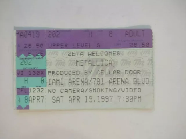 Metallica Concert Ticket Stub Miami Arena Florida 1997