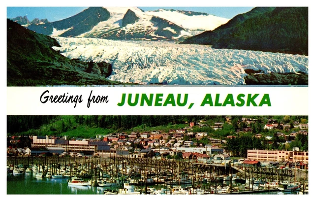 Juneau AK Alaska Greetings From Multi-View Mendenhall Glacier Chrome Postcard