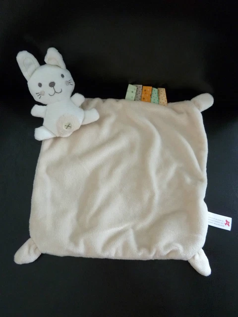 * Doudou Plat Nicotoy Lapin Blanc Ecru Beige Vert Croix Etiquette - Etat Neuf*