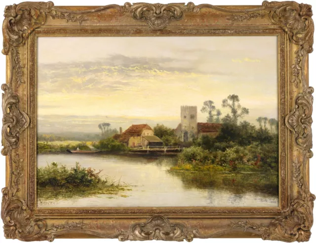 Punt in River Landscape Antique Oil Painting by Daniel Sherrin (1868-1940)