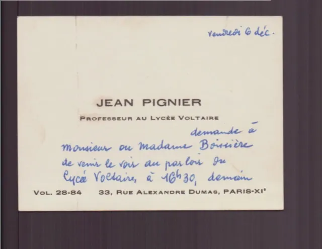Carte de visite " Pignier " Professeur au lycée Voltaire