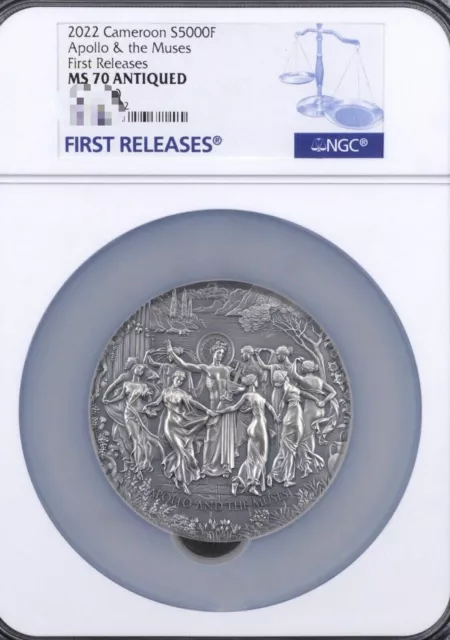 NGC MS70 FR 2022 Cameroon Celestial Beauties 5 oz Silver Coin -Apollo And Muses