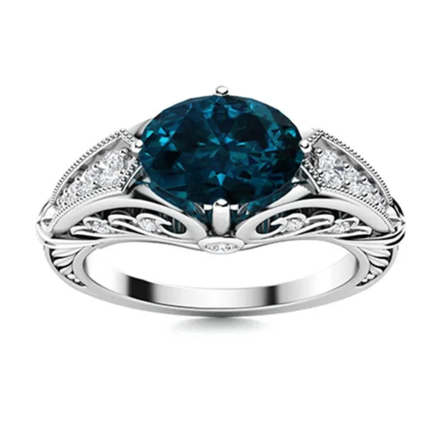 Horizontal Oval London Blue Topaz 925 Sterling Silver Art Deco Inspired Ring