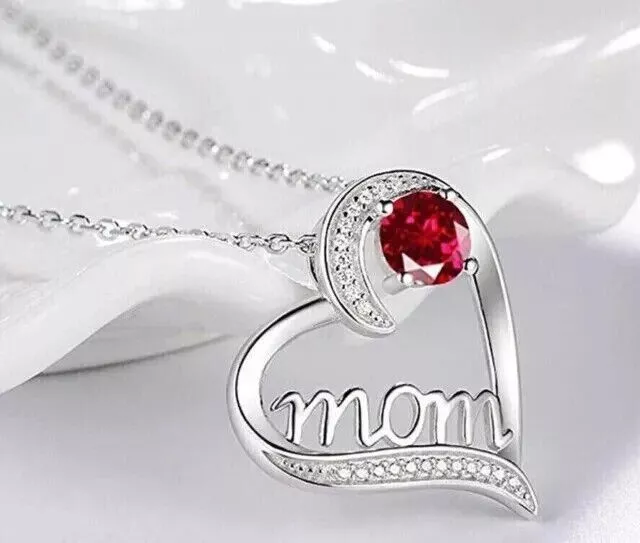 1Ct Round Cut Lab Created Ruby Mom Heart Pendant 14K White Gold Plated 18 Chain