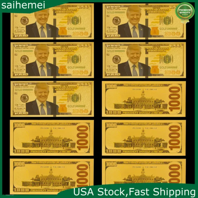 10pcs President Donald Trump $1000 Dollar Bill Gold Foil Banknote Funny Money