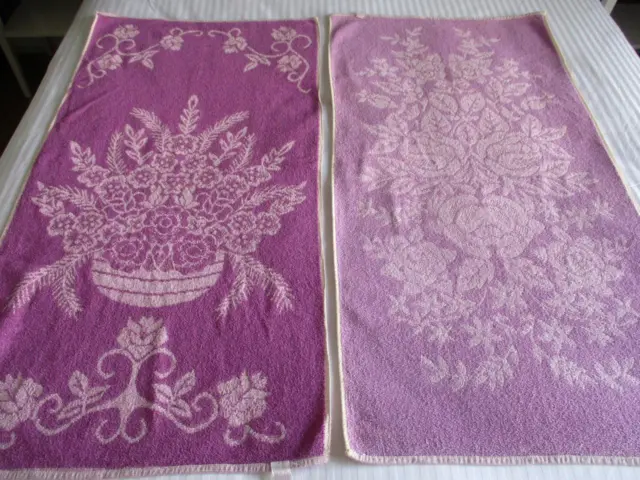 2 X Vintage Retro Bath Towels Purple Flowers Patterns