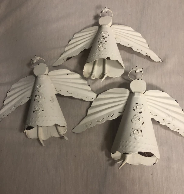 Set Of 3 Primitive Style Folk Art Painted Enamel Angels White Antique Looking