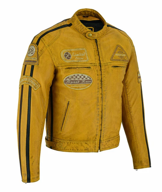 Giacca Moto Pelle Scooter Cafe Racer,Naked de Uomo Vintage Orange