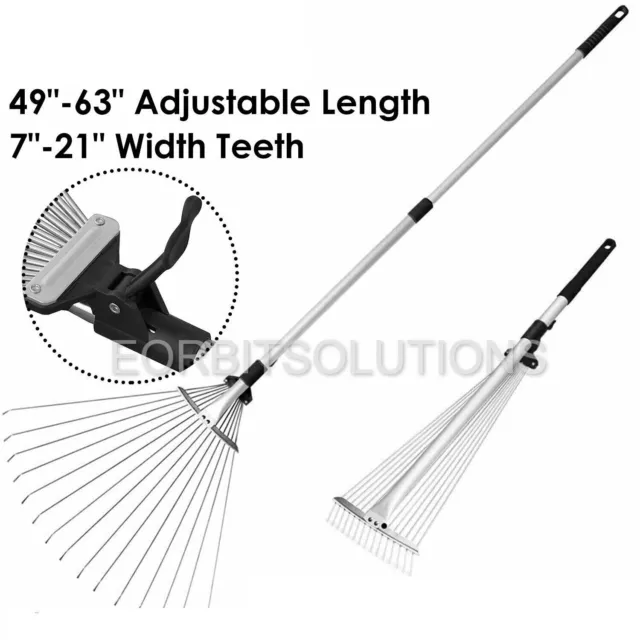 63in Extendable Garden Leaf Rake Adjustable Stainless Steel Lawn Cleaning Tool
