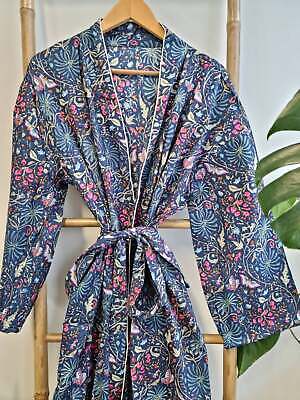 Indiano Fatto a Mano Floreale Stampato Vestaglia Donna Indossare Cotone Kimono