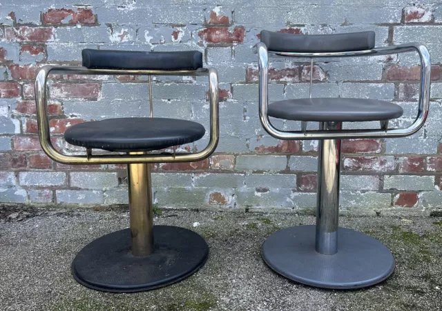 Pair Mid Century Modern Make up Stool Chrome Leatherette Lancôme Arden Swivel