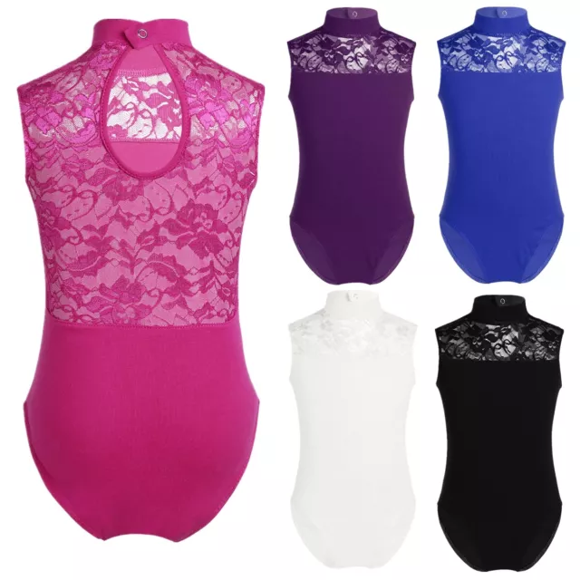 Girls Ballet Dance Gymnastics Leotard Turtle Neck Lace Back Sleeveless Bodysuit