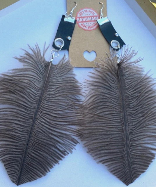17cm long grey ostrich feather earrings statement NICKEL FREE faux leather