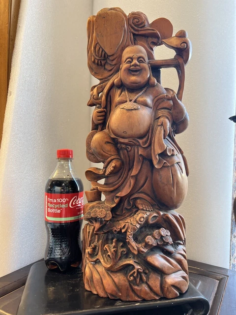 Amazing Antique Tall Statue Chinese Antique Happy Buddha Hand Carved Wood Block