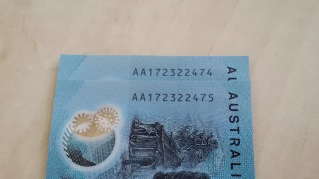 AUSTRALIA $10 2017 AA17 FIRST PREFIX Consecutive Pair 2 x UNC Banknotes