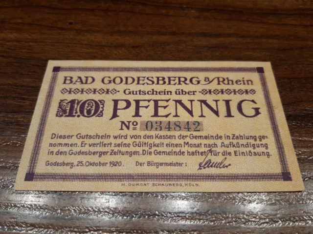 Notgeldschein 10 Pfg Bad Godesberg  1920 SEHR GUTER ZUSTAND!